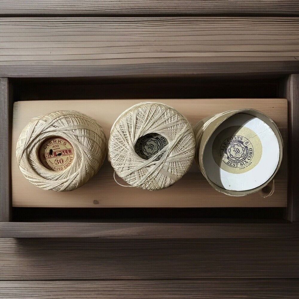 Vintage 40s Crochet‎ Thread LOT2 Ecru 30 J&P Coats Best 6 Cord Clark Big Ball 3